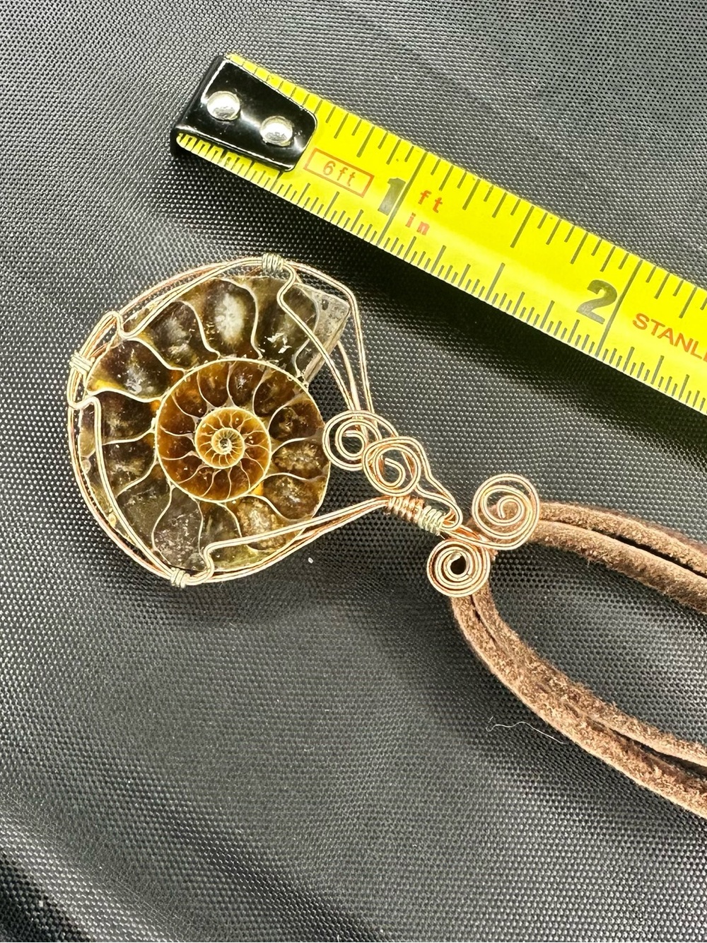 Ammonite Fossil Pendant Necklace Wire Wrapped Copper Tone Handmade Artisan Boho - Picture 4 of 8